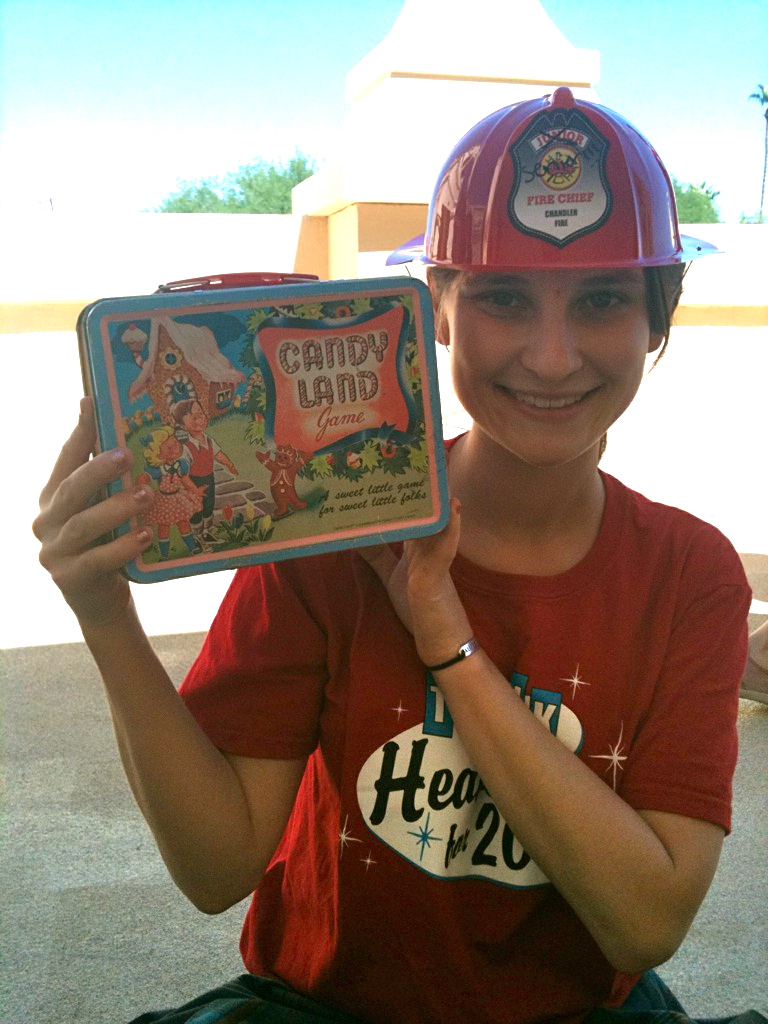 How about a Candyland lunchbox? Annie fills it with turkey on wheat, fruit, and celery.