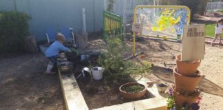 messy area, Greenhouse Montessori, mud kitchen, Gilbert, Arizona, green schools, school garden, kids, preschool