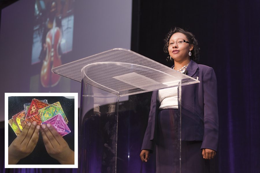 Niya Stephenson speaks at Southwest Autism Research & Resource Center’s annual fundraising breakfast. Inset: Some of the spinner, Niya has made. Photos courtesy of the Stephenson family.