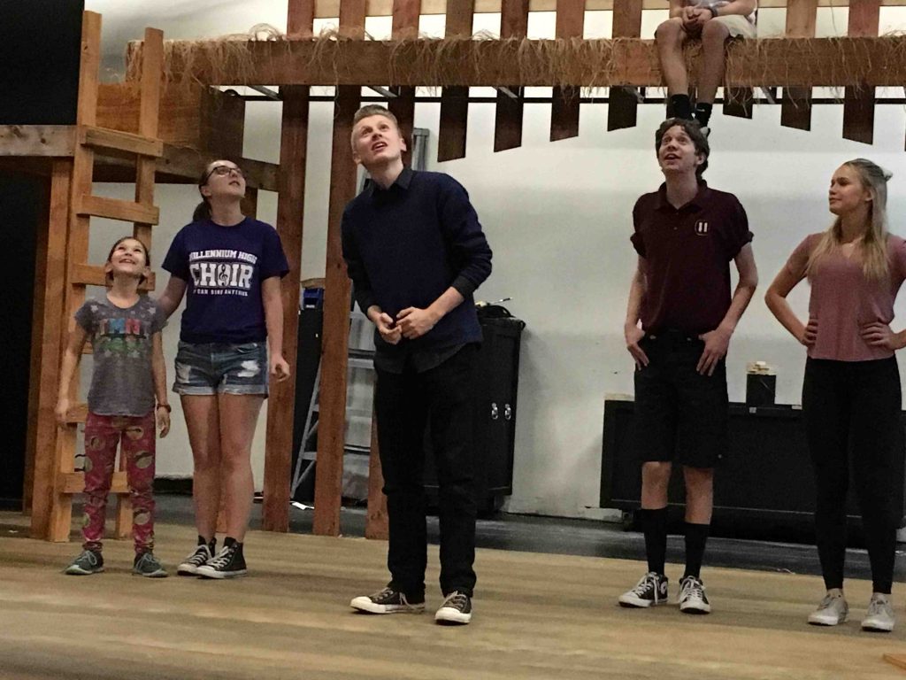From left: Lamb (Vivian Nichols) Sheep (Taryn Landis) Wilber (Albert Johnston) Gander (Jared Barbee) and Goose (Emma Dabill) rehearse "Charlotte's Web." Photo courtesy of Valley Youth Theatre.
