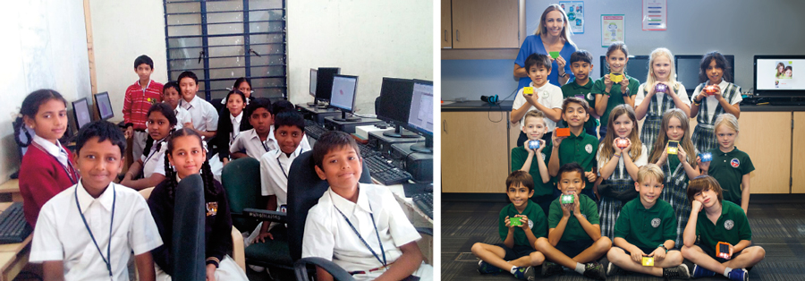 Above: Students at Ekalavya Schools in Bangalore, India. Right: Teacher Tracey Williams of All Saints’ with her students and their 3-D printed solar flashlights, which will be sent to a sister school in Haiti. 