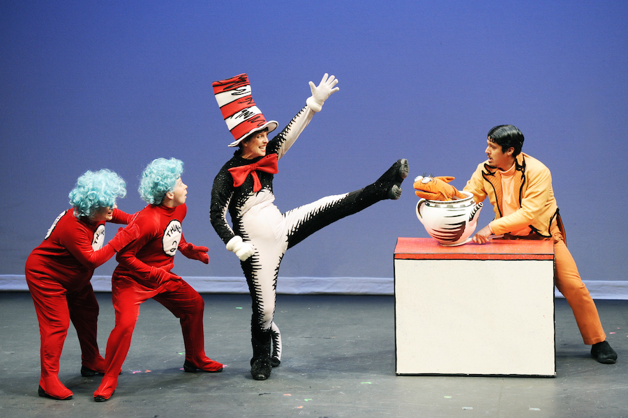 Debra K. Stevens (Thing One), Rebecca Duckworth (Thing Two), Katie McFadzen (Cat), Ricky Arazia (Fish). Photo courtesy of Childsplay.