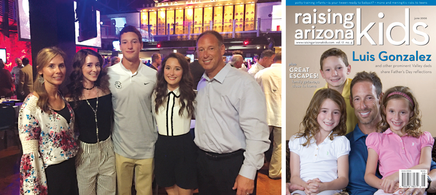Leftt: Gonzalez with his wife Christine, daughter Megan (18), son Jacob (18) and daughter Alyssa (18). Photo Courtesy of the Arizona Diamondbacks. Right: Luis Gonzales and his triplets (from left: Megan, Jacob and Alyssa) graced the cover of Raising Arizona Kids in June 2006. 