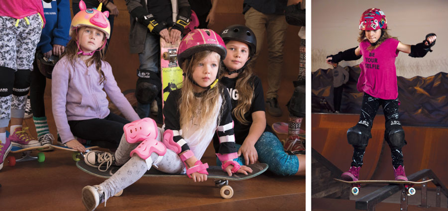 Participants in Skate Rising at 91 West Skatepark in Peoria. 1. Lola Strauss (8) of Tempe (unicorn helmet), Khloe Parrott (4) of Phoenix and Daisey Crawford (9) of Glendale. 2. Levy-Anne Stiffler (9) of Peoria rides the rail.