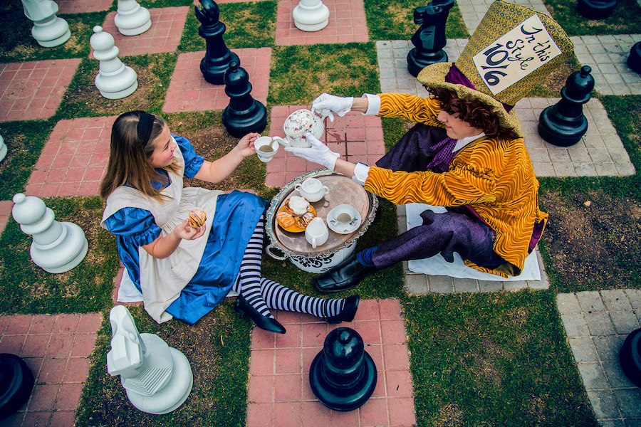 Valley Youth Theatre presents “Allice in Wonderland” Feb. 10–26. Having tea are Alice on the left, played by Kate Brink, and the Mad Hatter on the right, played by Ethan Maxwell.