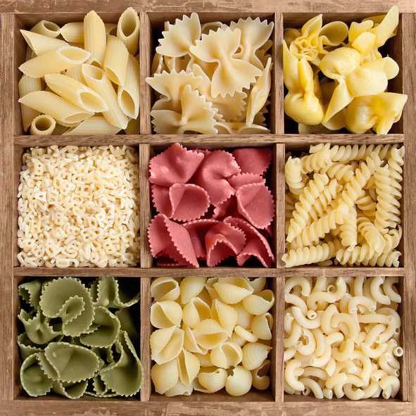 Assorted pasta in a rustic wooden box