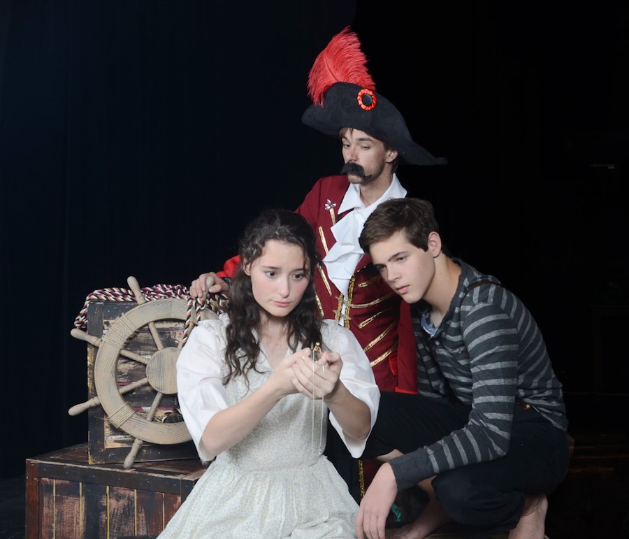 Alyssa Gonzalez as Molly, Blake Sullivan as Peter and Sawyer Bland as the pirate Black Stache in Greasepaint’s “Peter and the Starcatcher.”