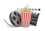 3d rendering of a video reel, popcorn bucket and a clapperboard on a white background